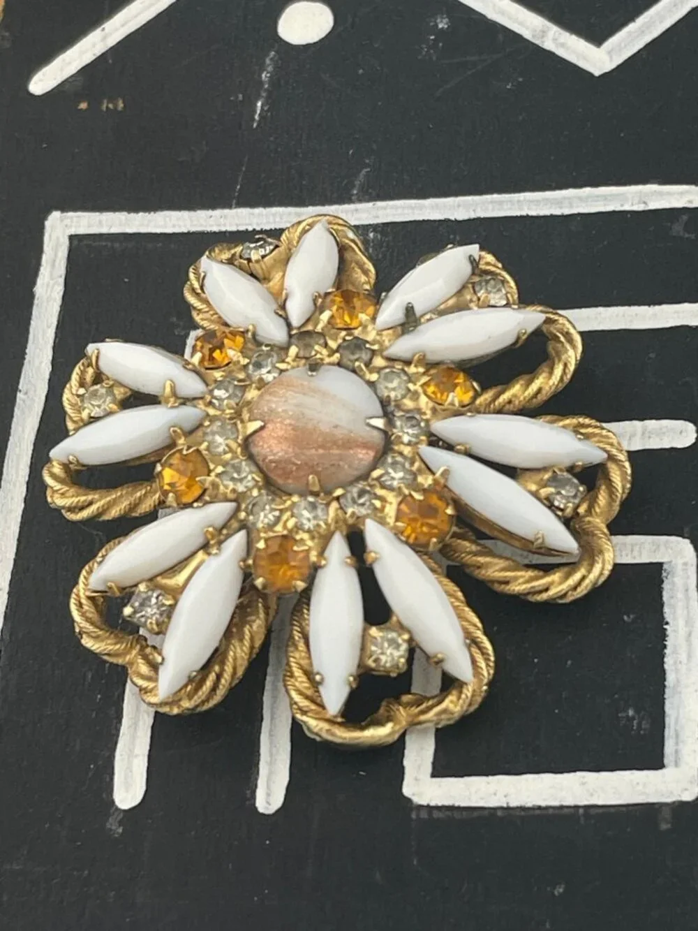 Verified Juliana D&E Brooch Gold Fluss Aventurine Milk Glass Topaz Rhinestone